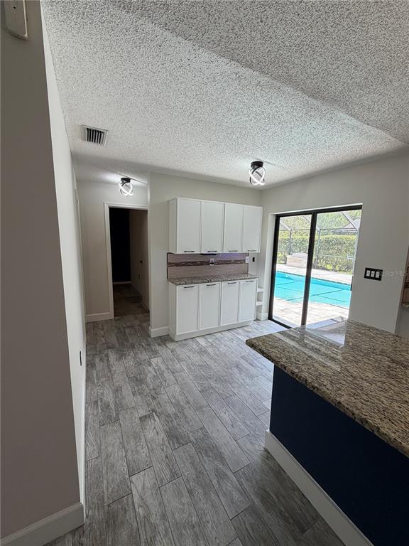A kitchen area features white cabinets, granite countertops, wood-look tile flooring, and a pool view — 3221 OAKWOOD PLACE, TARPON SPRINGS, FL