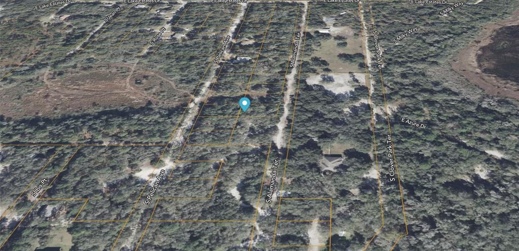 This is an aerial map view of a wooded residential lot with property boundary lines — 3508 S ALAMANDA TERRACE, INVERNESS, FL