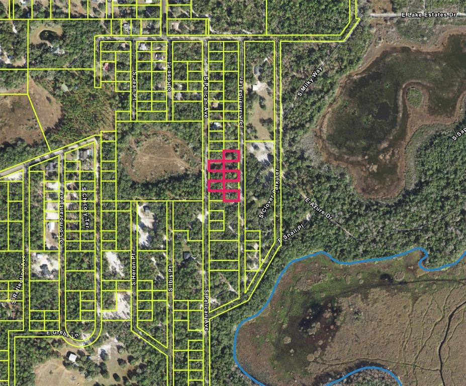This is a map showing several adjacent land parcels highlighted in pink — 3508 S ALAMANDA TERRACE, INVERNESS, FL