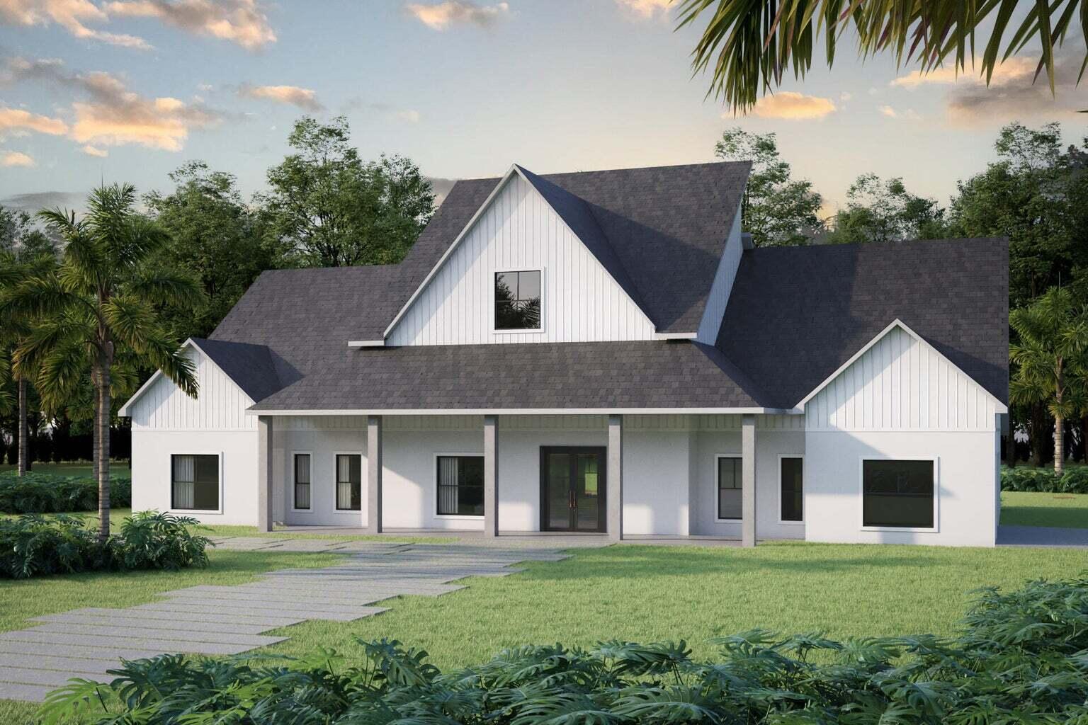 A digital rendering of a white farmhouse-style home with a dark roof and front porch — 17394 69th Street N, FL 33470, FL