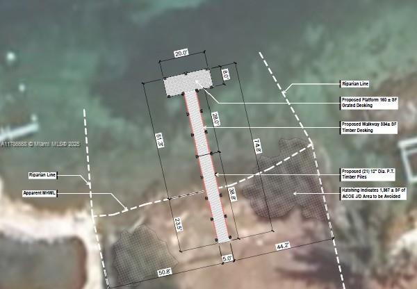 This is a site plan rendering showing the proposed dimensions and location of a wooden dock — 14 125th Street Gulf, Marathon FL 33050, MARATHON, FL