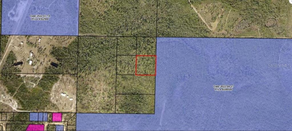 This is an aerial map showing a highlighted rectangular plot of land among wooded parcels — 12241 PINERIDGE ROAD, FOUNTAIN, FL