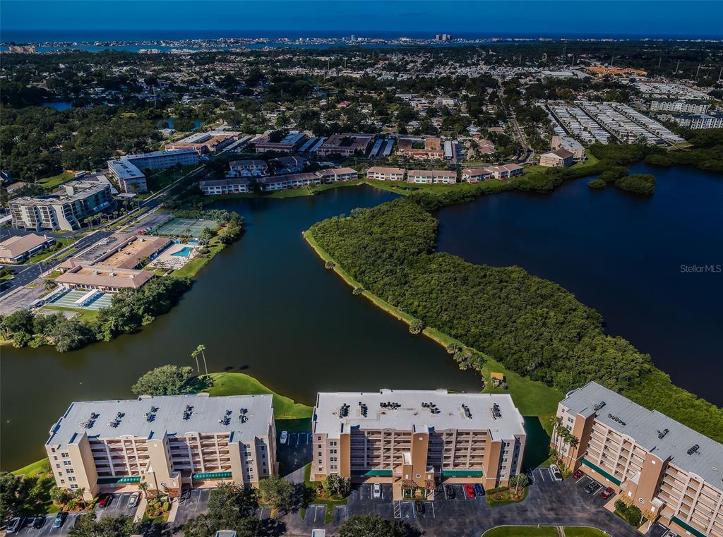 An aerial view shows three multi-story apartment buildings situated beside a large lake and mangroves — 6450 SHORELINE DRIVE UNIT 9203, ST PETERSBURG, FL
