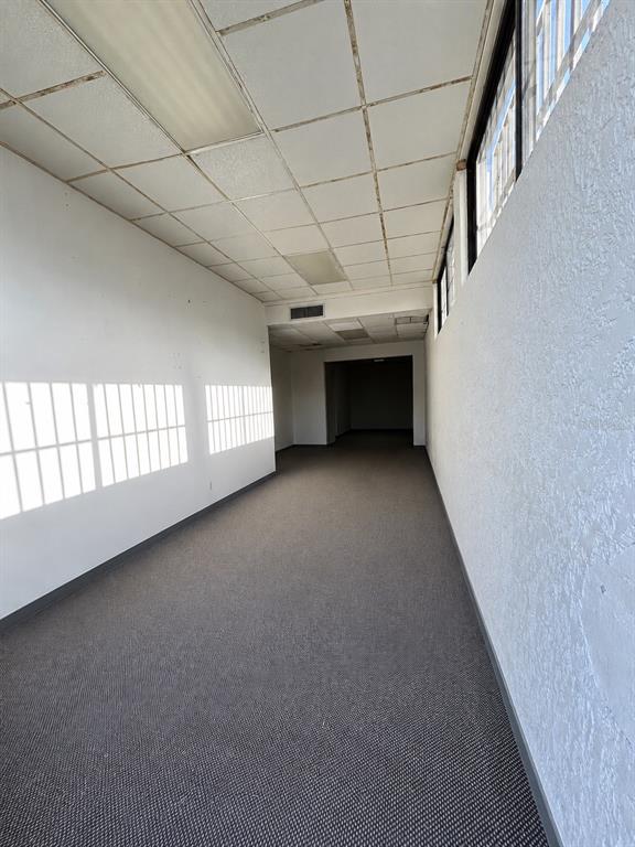A long, empty commercial hallway with gray carpet, white walls, and a drop ceiling — Avenida Font Martelo FLOR GERENA UNIT 110, HUMACAO, PR