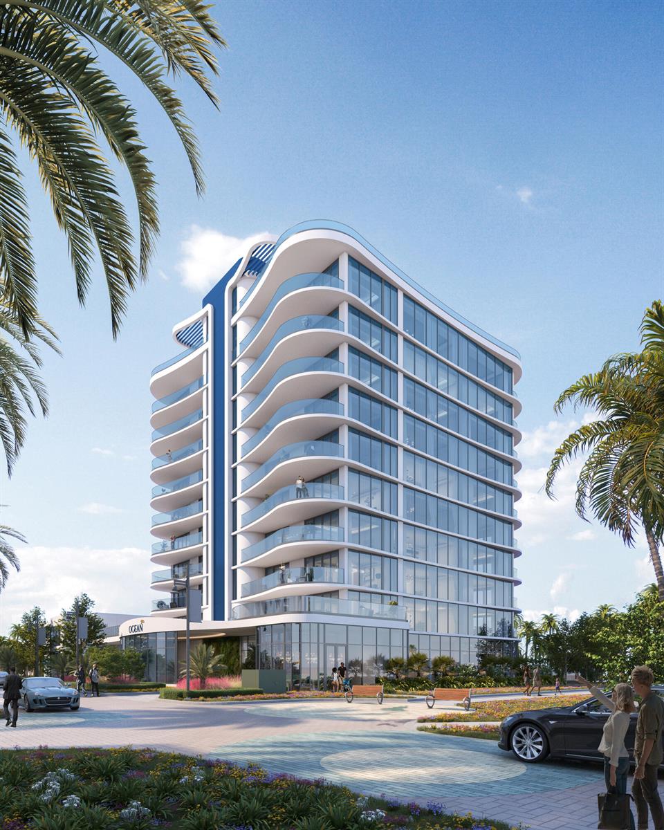 This is a digital rendering of a modern, multi-story glass building with curved balconies — 580 Briny Avenue # 302, Pompano Beach FL 33062, POMPANO BEACH, FL