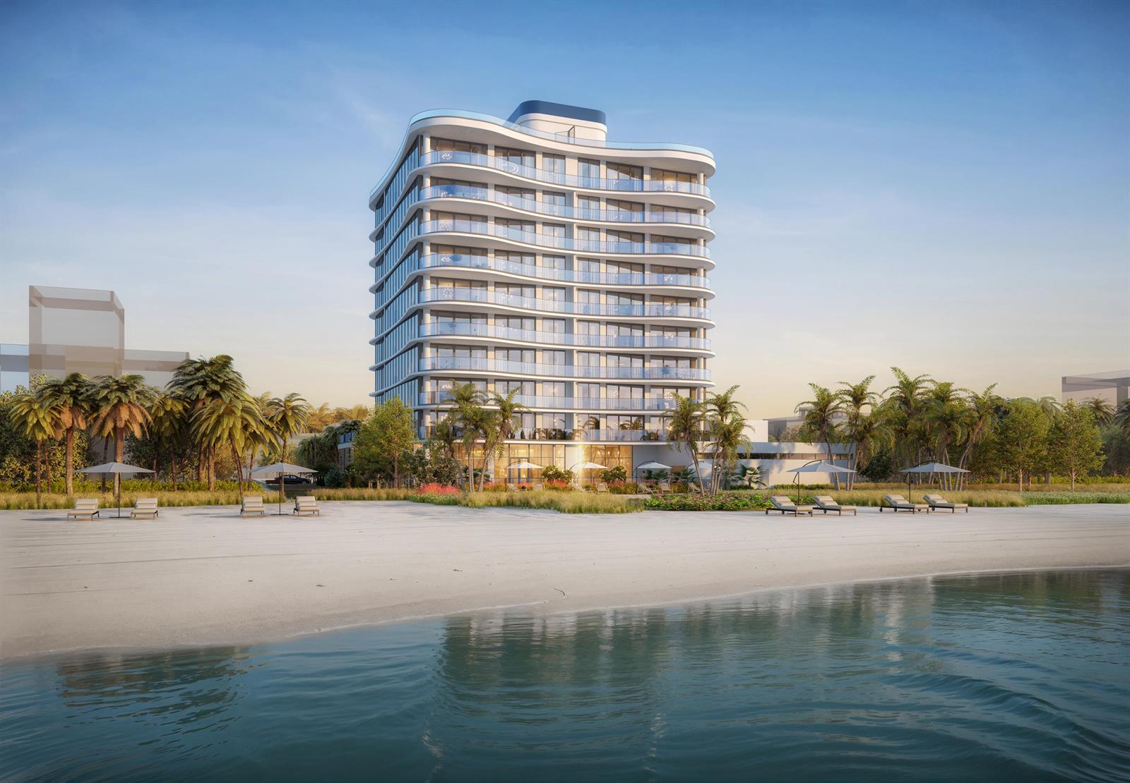 A digital rendering of a modern, curved beachfront apartment building surrounded by palm trees — 580 Briny Avenue # 302, Pompano Beach FL 33062, POMPANO BEACH, FL