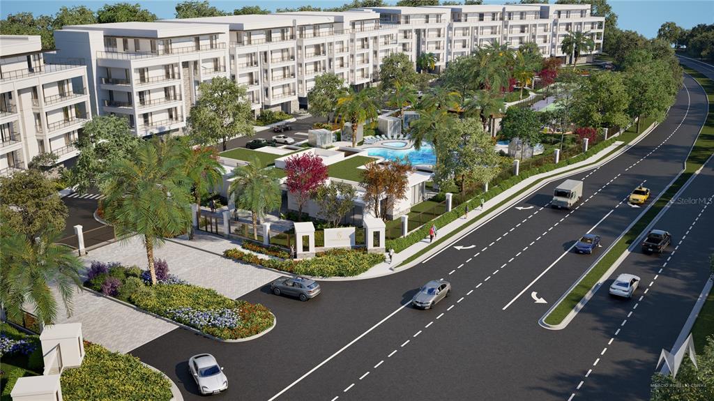 This is a digital rendering of a modern apartment complex with a pool and landscaping — 10009 CRISBET COURT UNIT 402B, ORLANDO, FL