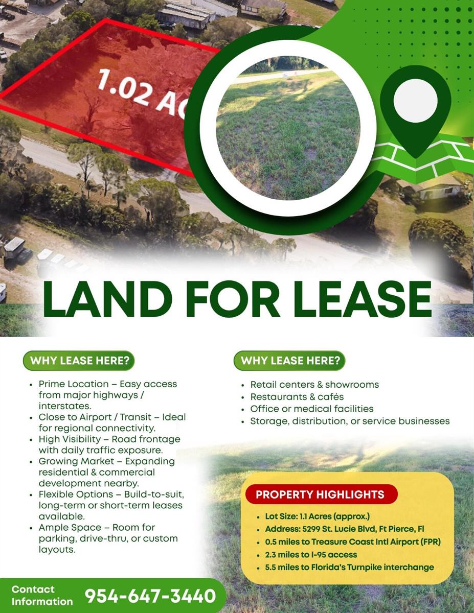 This is a real estate flyer for a 1.1-acre plot of land for lease — 5299 St Lucie Boulevard, Fort Pierce FL 34946, FORT PIERCE, FL