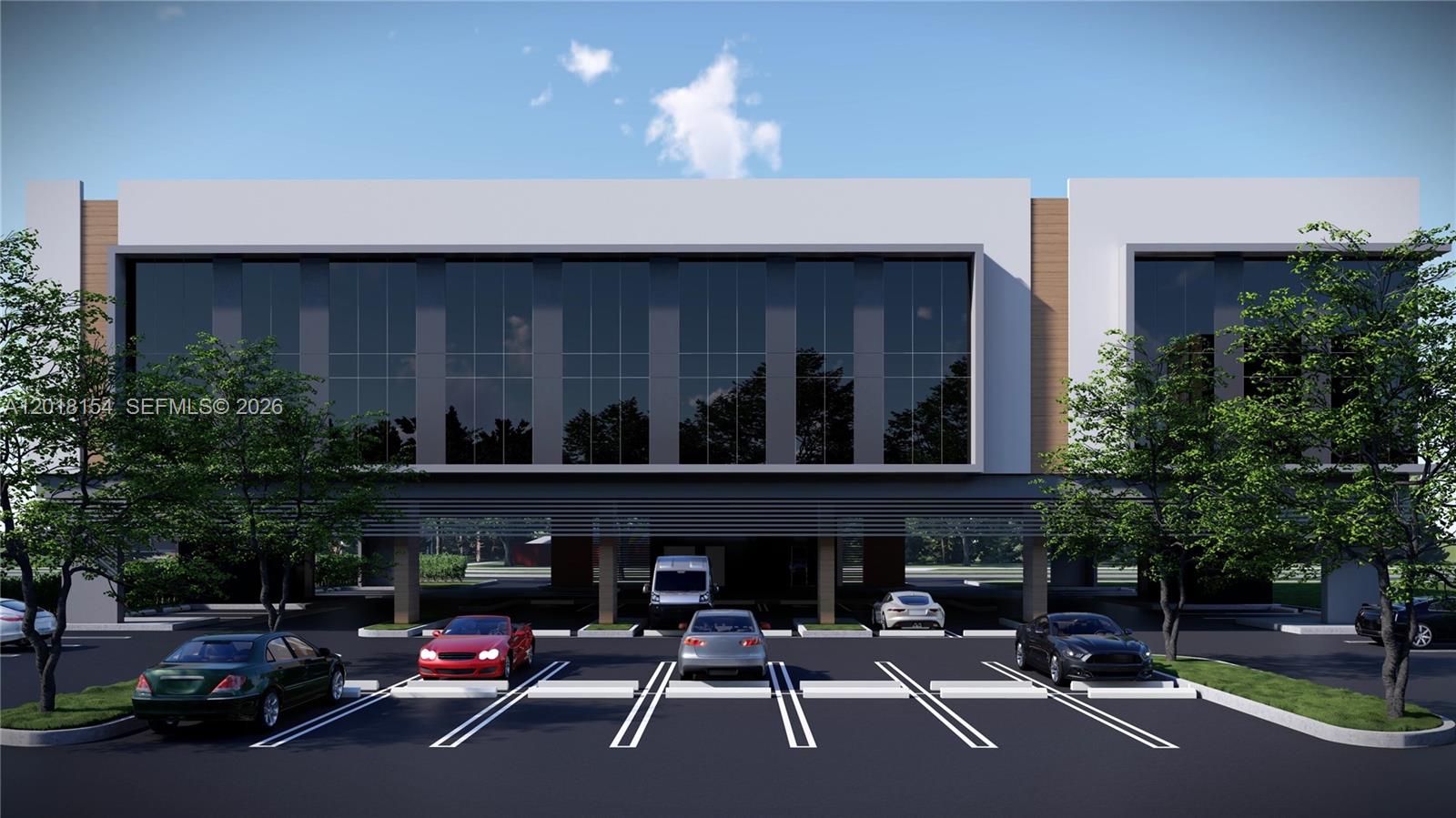 This is a rendering of a modern two-story commercial building with ground-level parking — 9990 SW 56 St, Miami FL 33165, MIAMI, FL