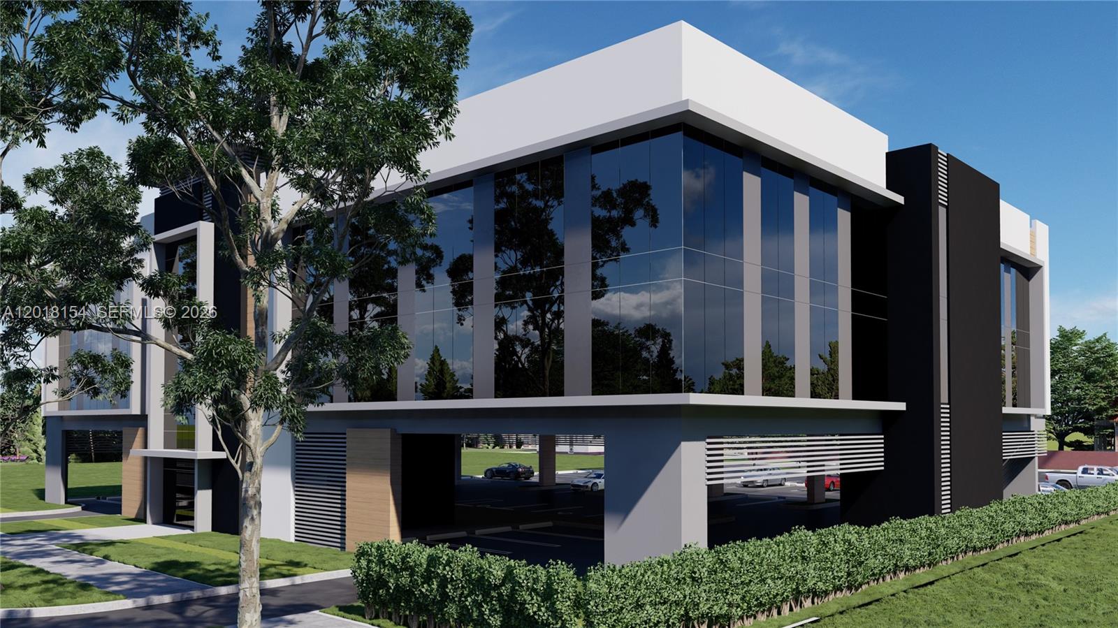 This is a digital rendering of a modern two-story commercial building with ground-level parking — 9990 SW 56 St, Miami FL 33165, MIAMI, FL