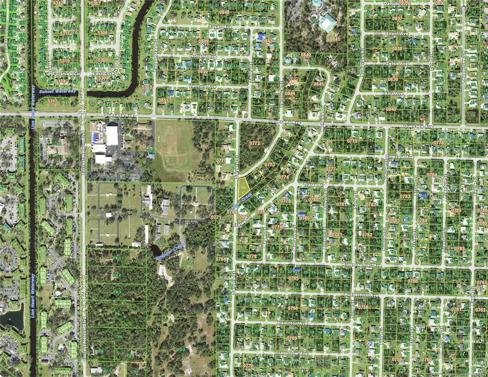 This is a map showing residential streets, lots, and waterways in a suburban neighborhood — 1328 SALYERS STREET, PORT CHARLOTTE, FL