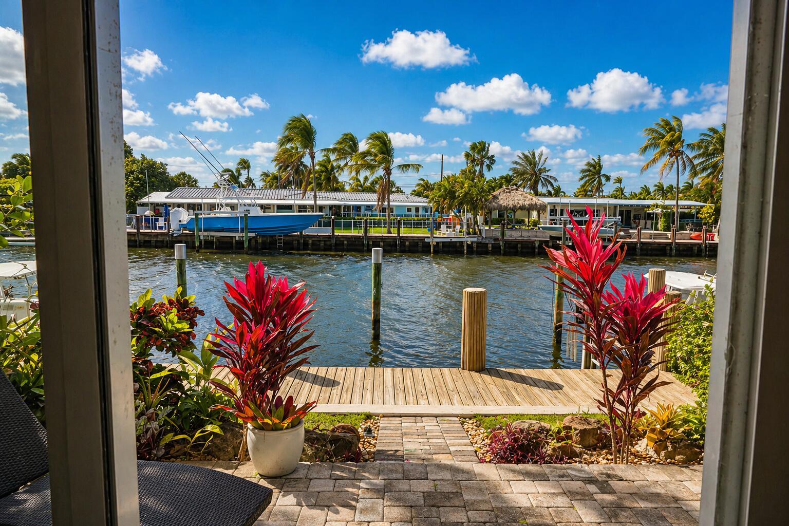 A view from a doorway looking out at a wooden dock, canal, and tropical landscaping — 1365 SE 3rd Avenue, Pompano Beach FL 33060, POMPANO BEACH, FL