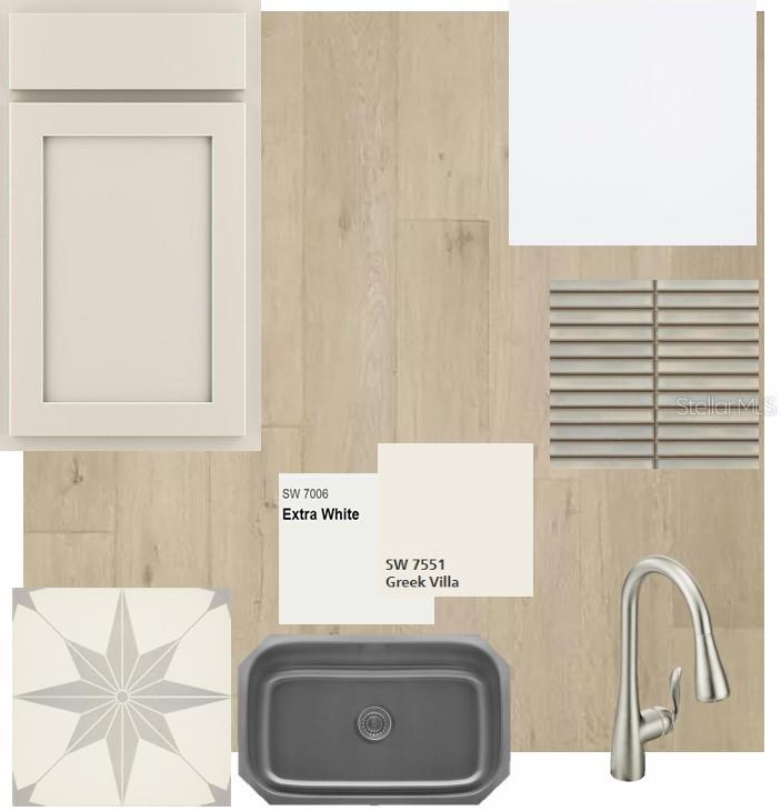 This design board displays kitchen finish samples including cabinetry, flooring, tile, paint, and fixtures — 6412 JENSEN VIEW AVENUE, APOLLO BEACH, FL