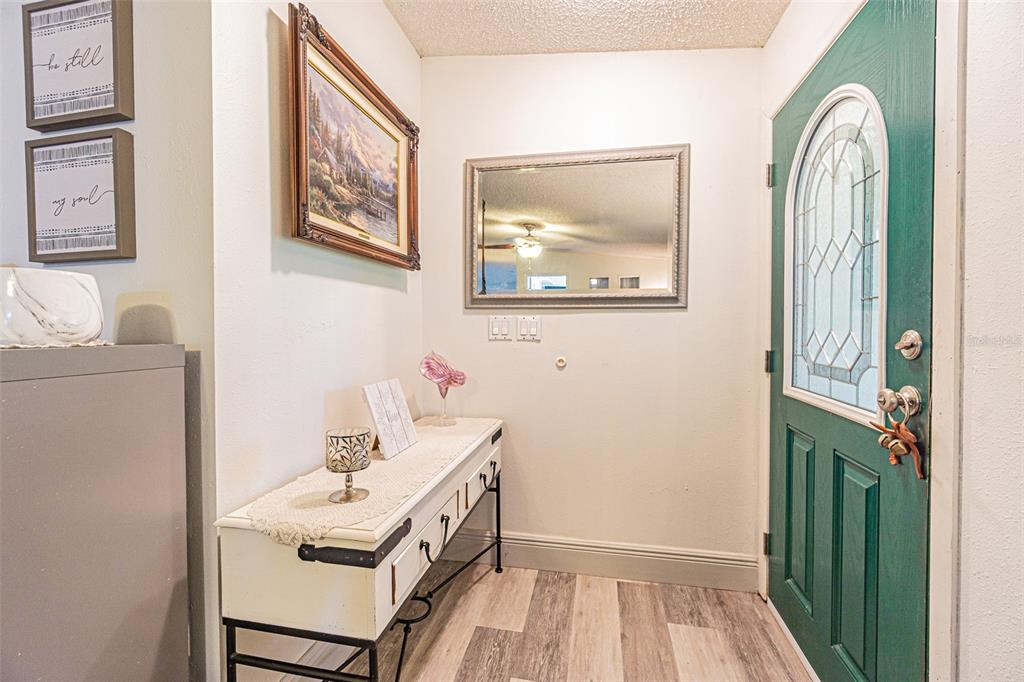 An entryway features a green front door, a console table, a mirror, and wall art — 3349 OAKWOOD DRIVE, WESLEY CHAPEL, FL