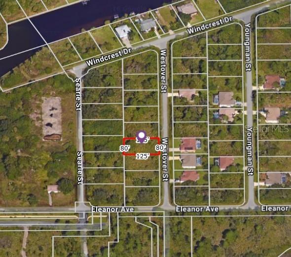 This is an aerial map showing a vacant rectangular lot outlined in red — 1501 WESTOVER STREET, PORT CHARLOTTE, FL