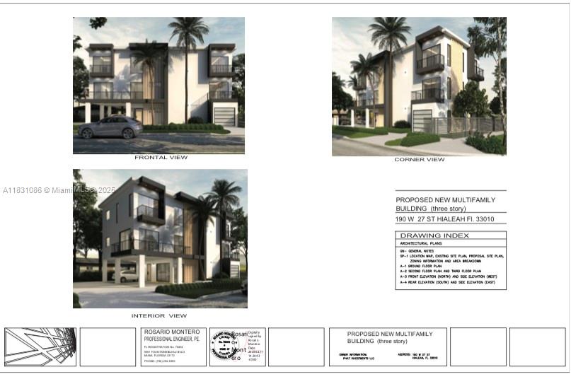 This is a rendering of a proposed three-story multifamily building with three different exterior views — 190 W 27th St, Hialeah FL 33010, HIALEAH, FL