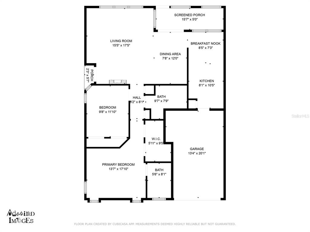 This is a floor plan showing a two-bedroom home with a garage and screened porch — 4808 VESPER COURT UNIT 34, NEW PORT RICHEY, FL