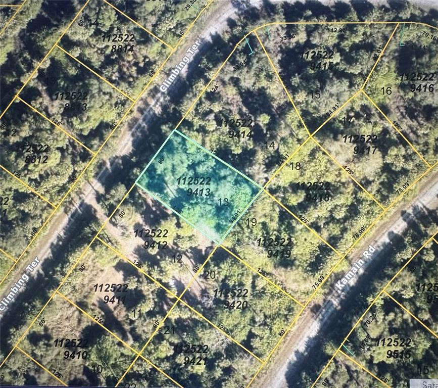 This is a satellite map showing a highlighted parcel of land among surrounding wooded lots — CLIMBING TERRACE, NORTH PORT, FL
