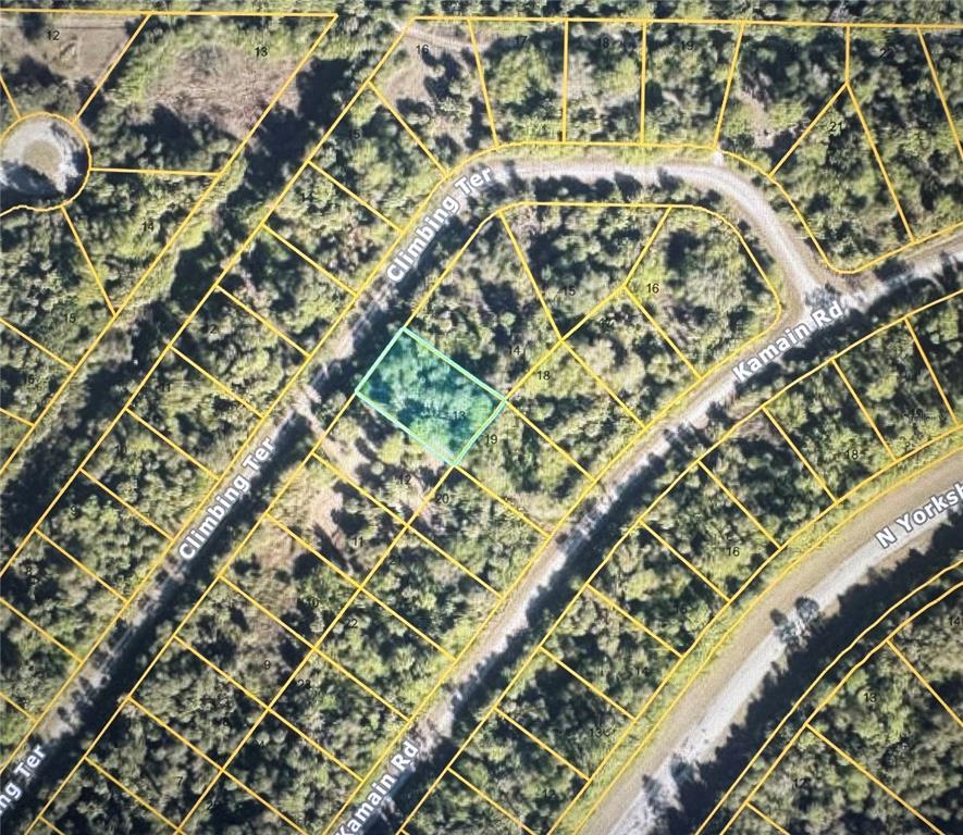 This is an aerial map showing a highlighted rectangular land parcel surrounded by wooded lots — CLIMBING TERRACE, NORTH PORT, FL
