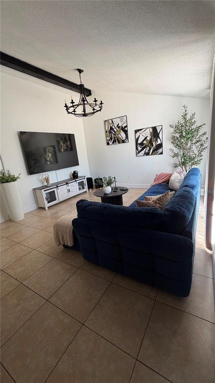 A living room features a blue sectional sofa, a television, and a black chandelier — 6713 WILLOW SPRING COURT, TAMPA, FL
