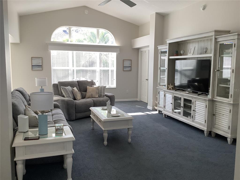 A living room features gray carpet, a white entertainment center, and a gray sofa set — 890 HAYNESVILLE WAY, THE VILLAGES, FL