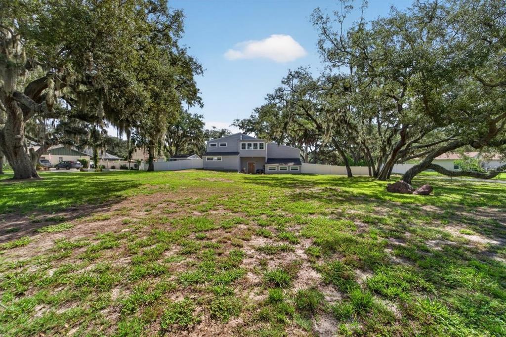 A large, grassy backyard features mature oak trees and a two-story house in the distance — 11302 SANDPINE ROAD, RIVERVIEW, FL