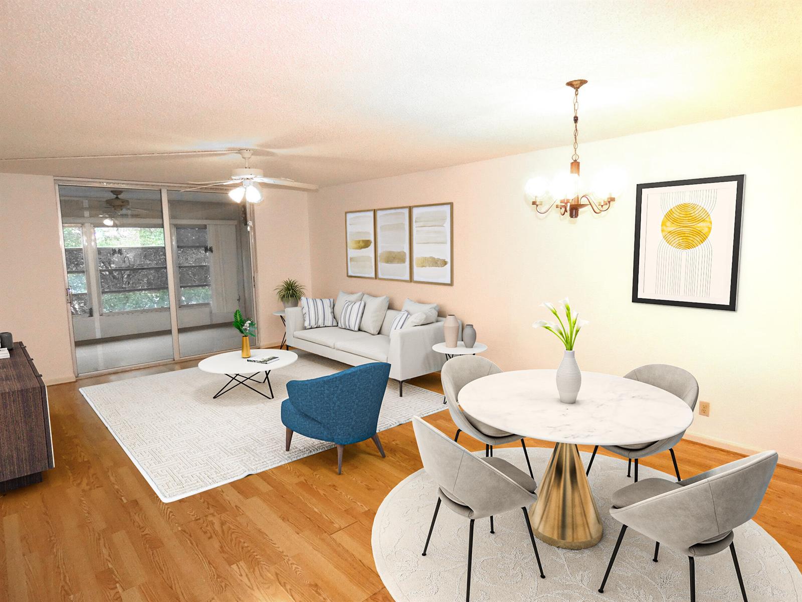 This is a digital rendering of an open-concept living and dining room with hardwood floors — 357 N Rock Island Road # 407, Margate FL 33063, MARGATE, FL