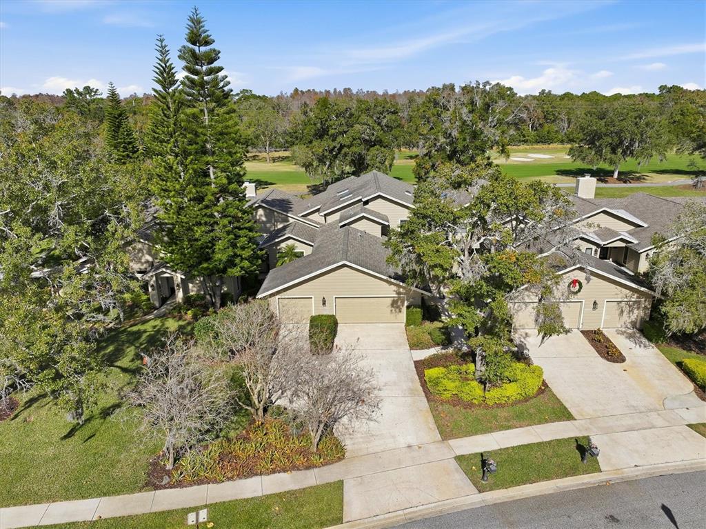 An aerial view shows two attached houses with garages and driveways near a golf course — 1127 ROYAL TROON COURT, TARPON SPRINGS, FL