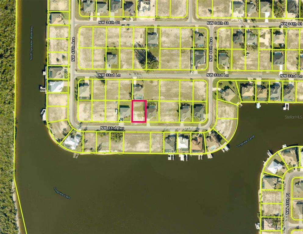 This is an aerial map showing a residential lot highlighted in pink within a neighborhood — 4621 NW 33RD TERRACE, CAPE CORAL, FL
