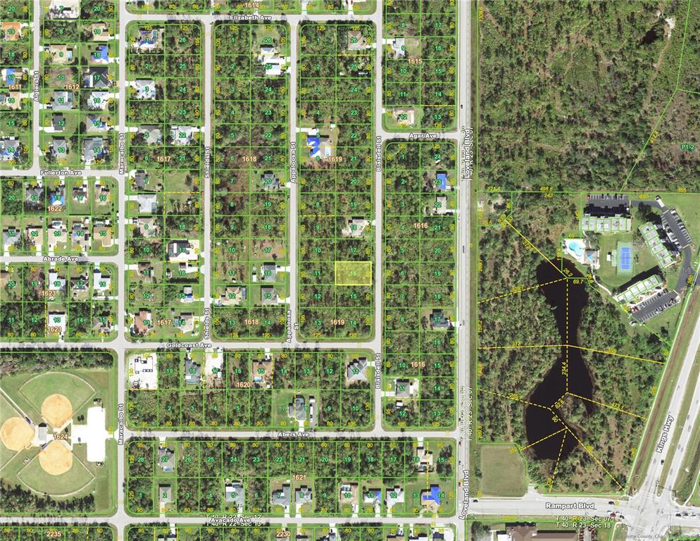 This is an aerial map showing residential lots, streets, and a pond in a neighborhood — 1447 BLAISDELL STREET, PORT CHARLOTTE, FL