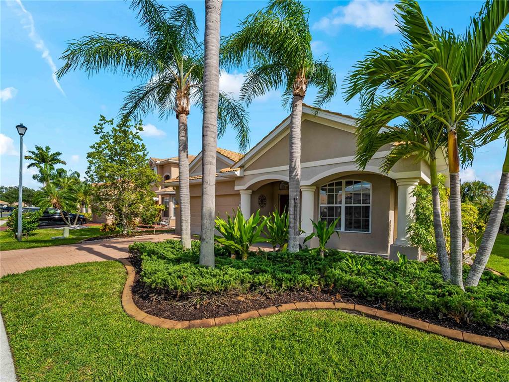 A single-story house with a tan exterior, palm trees, and a landscaped front yard — 11631 DANCING RIVER DR, VENICE, FL