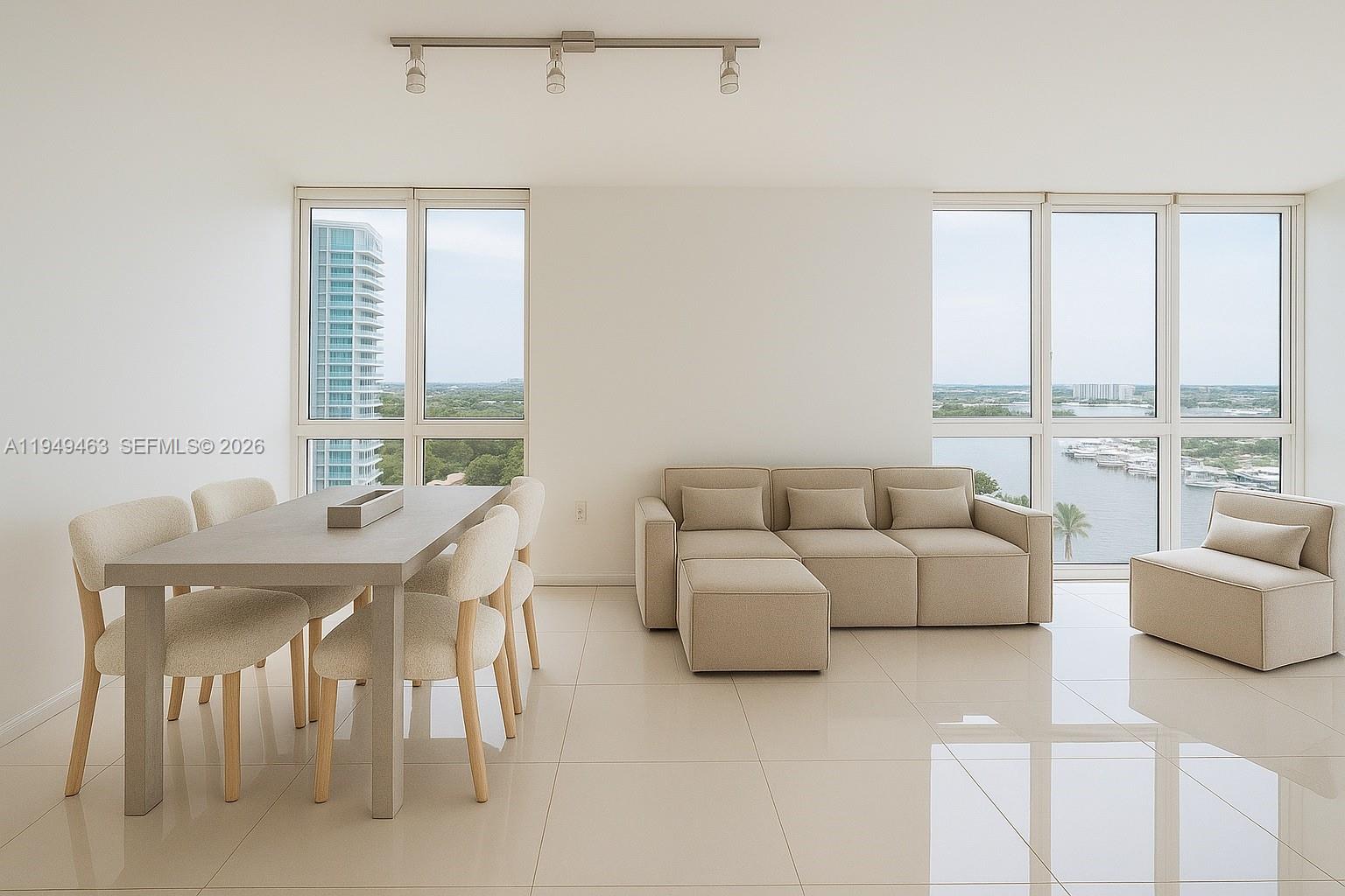 A bright, open-concept living and dining area features light-colored furniture, tile floors, and waterfront views — 1861 NW S River Dr # 2505, Miami FL 33125, MIAMI, FL