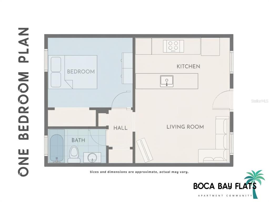 This is a floor plan for a one-bedroom apartment at Boca Bay Flats — 3017 49TH STREET S UNIT 6, GULFPORT, FL