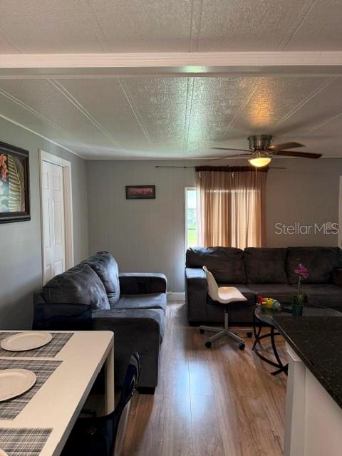 A living room features gray sofas, a ceiling fan, and a dining table in the foreground — 6907 GIBRALTAR ROAD, ORLANDO, FL
