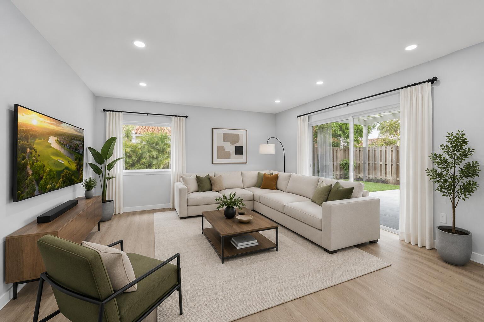 A living room features a sectional sofa, a green armchair, and a sliding glass door — 3132 SW 20th Terrace # 12b, Delray Beach FL 33445, DELRAY BEACH, FL
