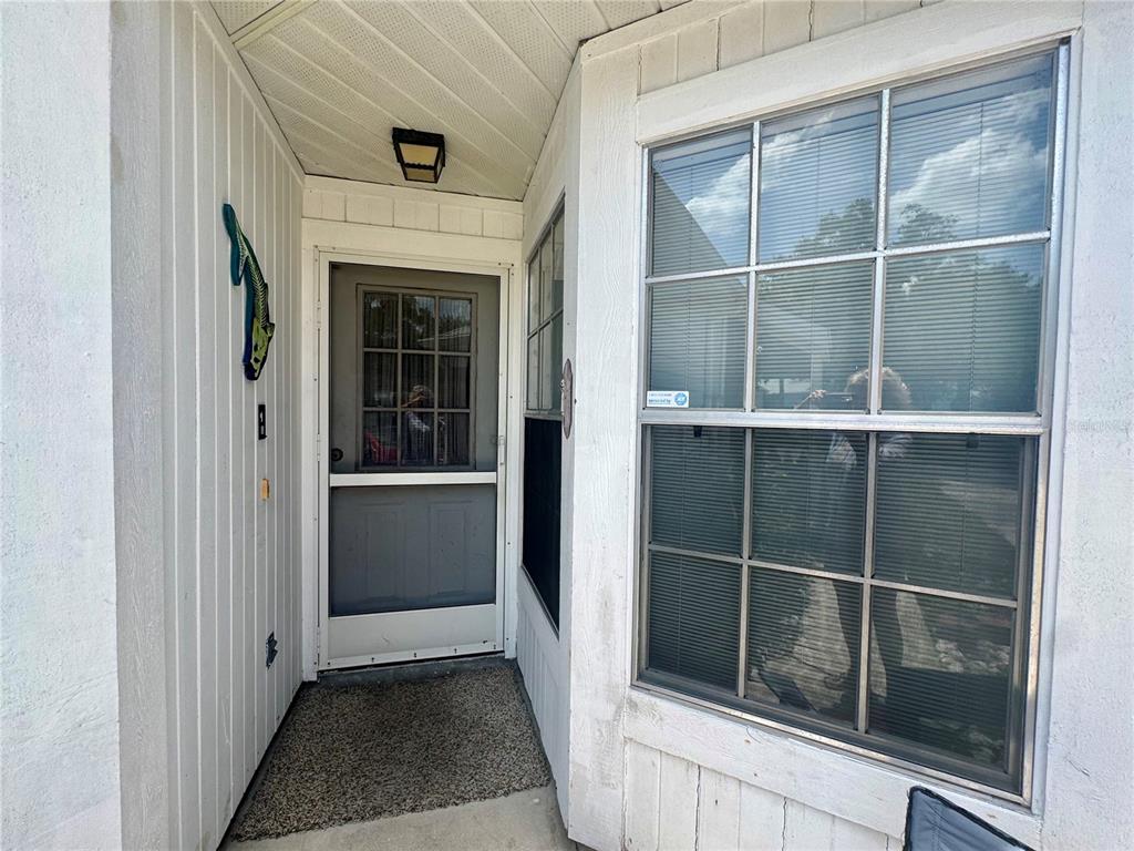A front entryway features a white storm door, a large window, and vertical siding — 3121 BEECHER DRIVE E UNIT D, PALM HARBOR, FL