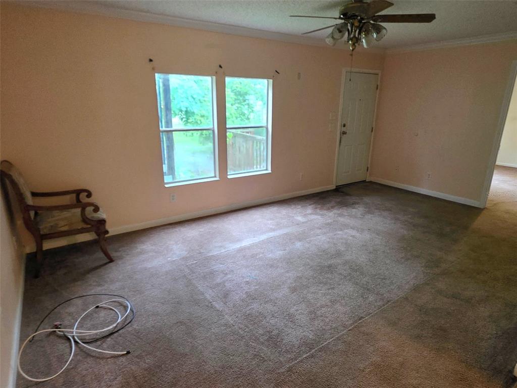 A living room with beige carpet, light-colored walls, a ceiling fan, and a wooden chair — 14263 ANNUTALAGA AVENUE, BROOKSVILLE, FL