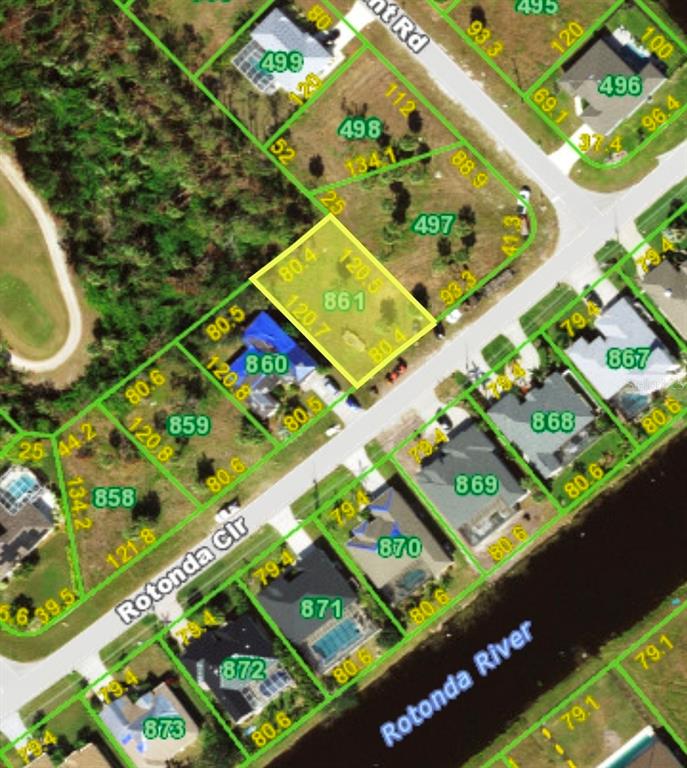This is a map showing a vacant residential lot highlighted in yellow — 1054 ROTONDA CIRCLE, ROTONDA WEST, FL