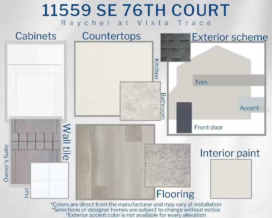 This design board displays material samples for home finishes, including cabinetry, countertops, flooring, and exterior colors — 11559 SE 76TH COURT, BELLEVIEW, FL