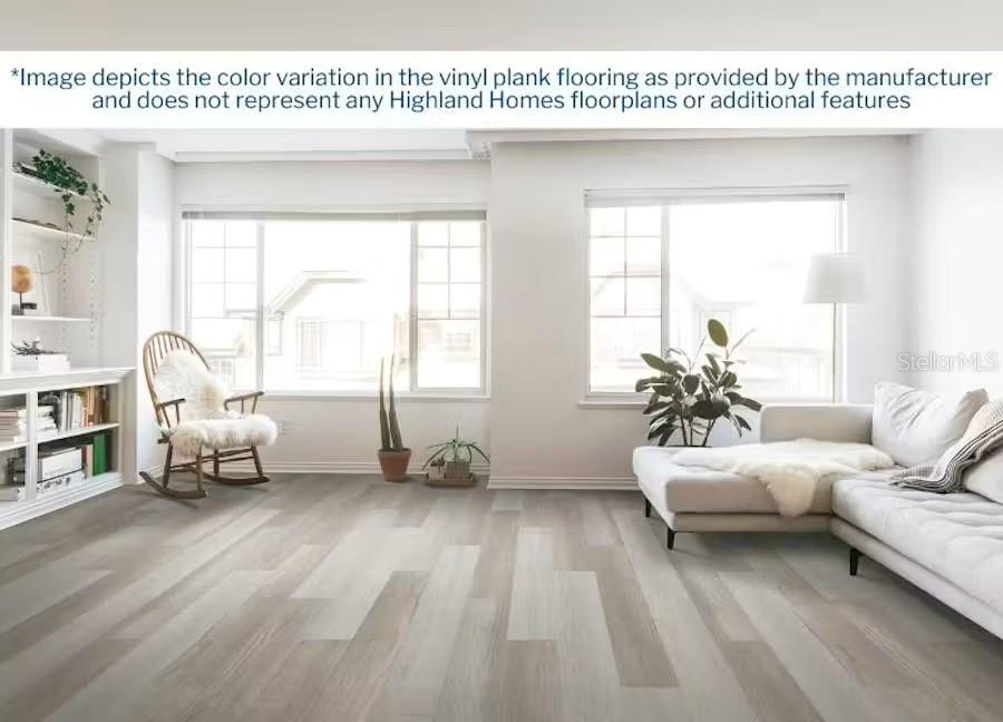 This rendering shows a living room with light-toned vinyl plank flooring and large windows — 11559 SE 76TH COURT, BELLEVIEW, FL