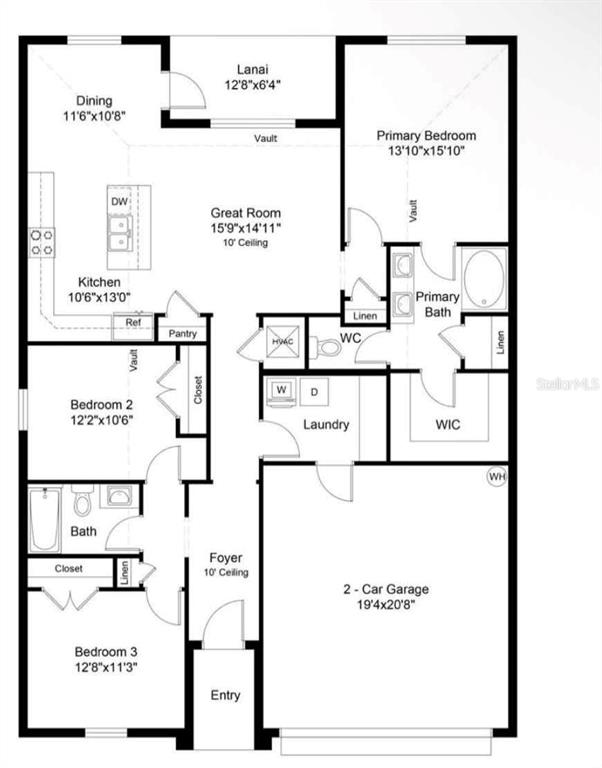 This is a floor plan for a three-bedroom, two-bathroom home with a two-car garage — 1925 MICHIGAN DRIVE, POINCIANA, FL
