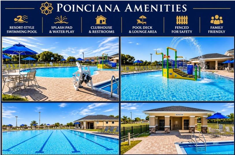 This collage displays various outdoor amenities, including swimming pools, a splash pad, and a clubhouse — 1925 MICHIGAN DRIVE, POINCIANA, FL