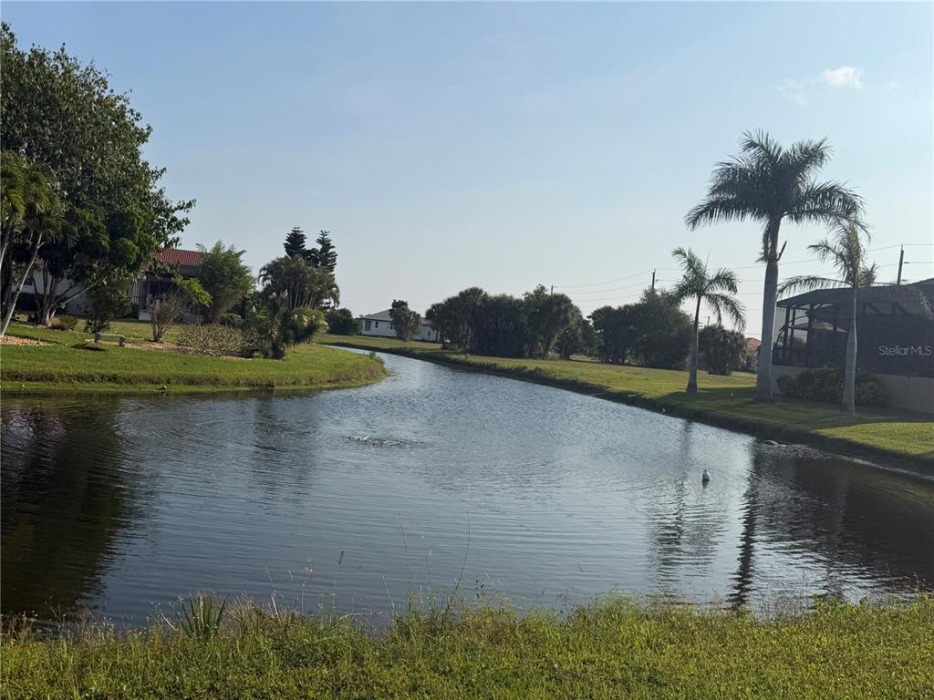 A canal flows between grassy banks lined with palm trees and residential homes — 24360 SAN RAFAEL ROAD, PUNTA GORDA, FL