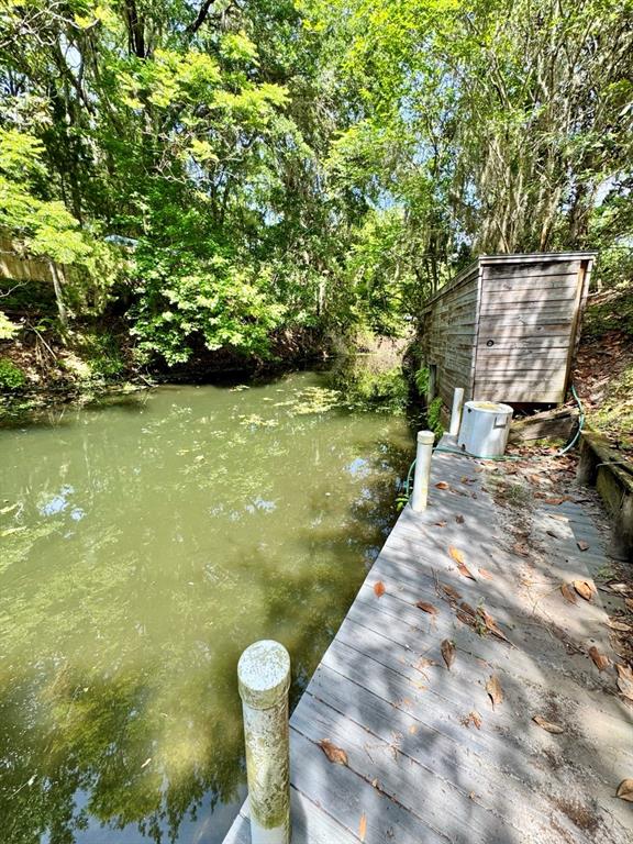 A wooden dock extends along a narrow, tree-lined canal next to a small shed — 30391 NE 97TH PLACE, SALT SPRINGS, FL