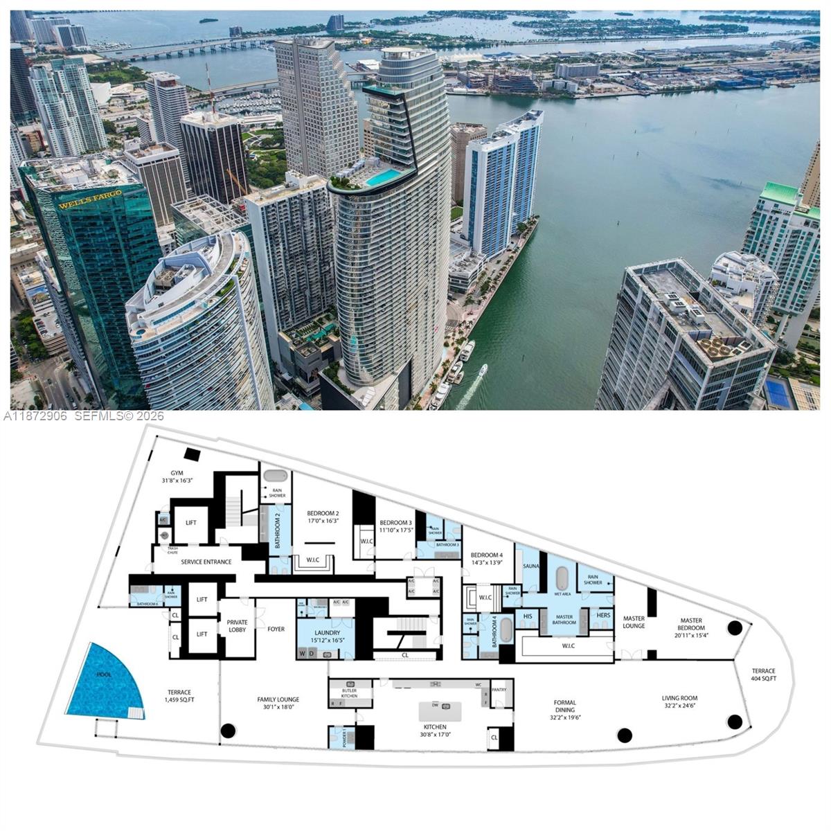 An aerial view shows a modern skyscraper with a rooftop pool overlooking a coastal city — 300 Biscayne Blvd Way, Miami FL 33131, MIAMI, FL