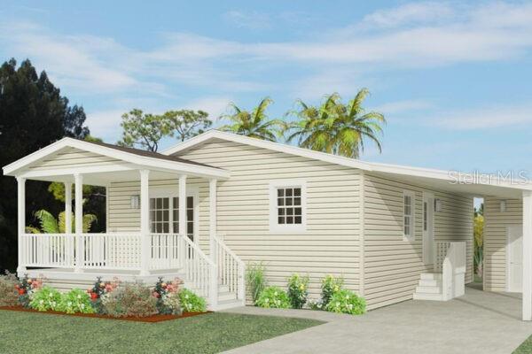A digital rendering of a single-story house with beige siding, a front porch, and a carport — 6257 BUNTING LANE, ENGLEWOOD, FL