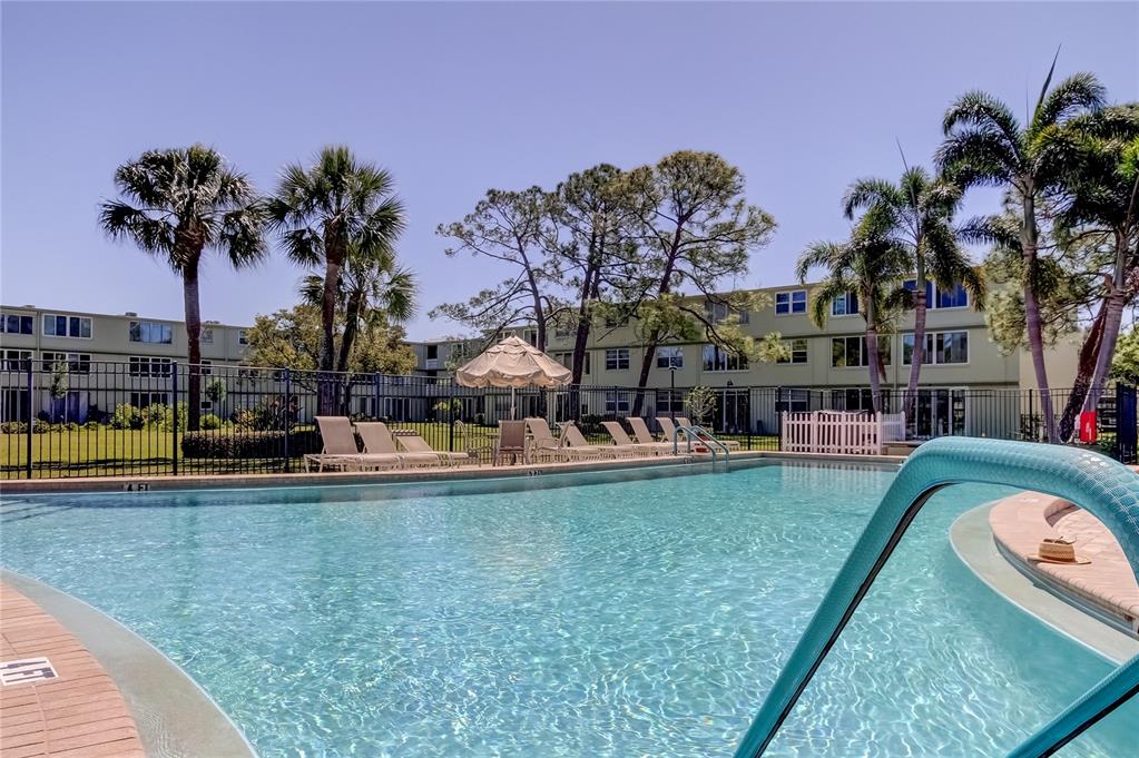 A swimming pool with lounge chairs and palm trees in front of a multi-story building — 4890 BAY STREET NE UNIT 323, ST PETERSBURG, FL