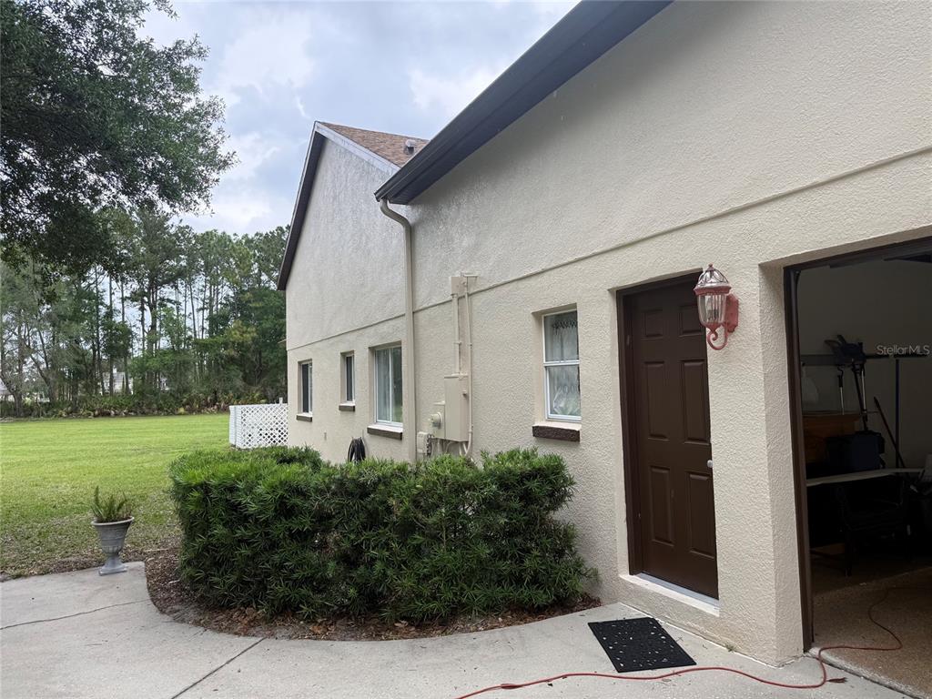 The exterior side of a house features a brown door, windows, and a green hedge — 31405 BEAR POND DRIVE, SORRENTO, FL