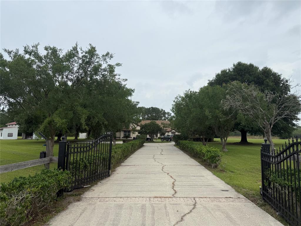 A long concrete driveway leads through an open gate toward a house surrounded by trees — 31405 BEAR POND DRIVE, SORRENTO, FL