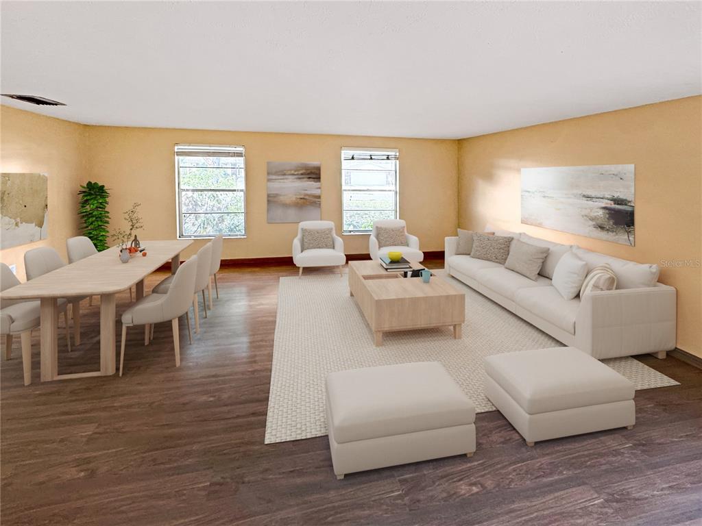 This is a digitally staged rendering of a living and dining room with wood flooring — 1815 LOWRY AVENUE, LAKELAND, FL